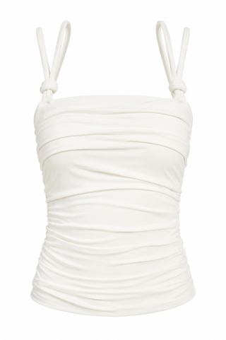 An off-white ruched tank top with thin shoulder straps knotted at the shoulders, shown against a plain white background.