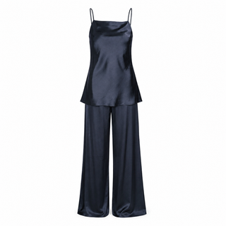 A two-piece satin pajama set in dark navy blue, featuring a sleeveless camisole top with thin shoulder straps and matching wide-leg pants, shown against a plain white background.