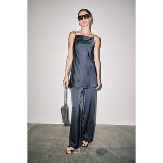 Sloane Satin Cowl Neck Cami & Wide Leg Pant Set in Navy