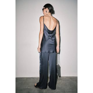 Sloane Satin Cowl Neck Cami & Wide Leg Pant Set in Navy