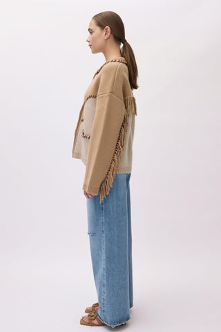 Chesney Oversized Fringe Cardigan in Camel MultiClothingSIMKHAI
