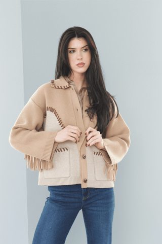 Chesney Oversized Fringe Cardigan in Camel MultiClothingSIMKHAI