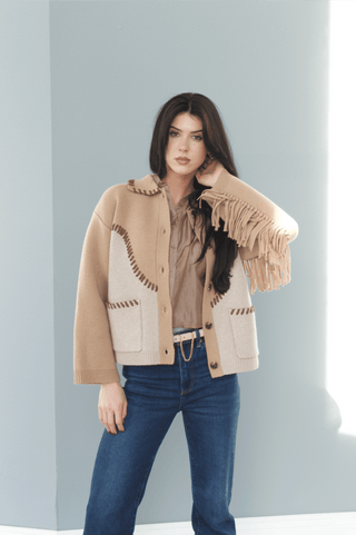 Chesney Oversized Fringe Cardigan in Camel MultiClothingSIMKHAI