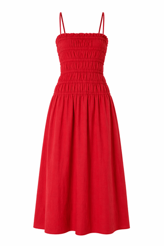 Colette Cotton Linen Smocked Bodice Midi Dress in RedDressChayse Clothing