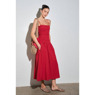 Colette Cotton Linen Smocked Bodice Midi Dress in RedDressChayse Clothing