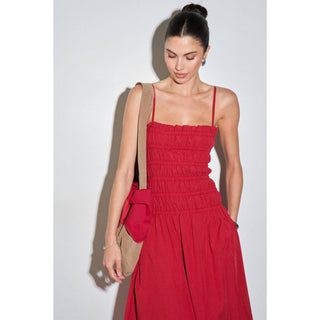 Colette Cotton Linen Smocked Bodice Midi Dress in RedDressChayse Clothing