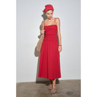 Colette Cotton Linen Smocked Bodice Midi Dress in RedDressChayse Clothing