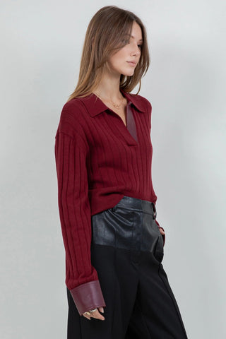 Contrast Knitted Long Sleeve Sweater in BurgundyTopChayse Clothing