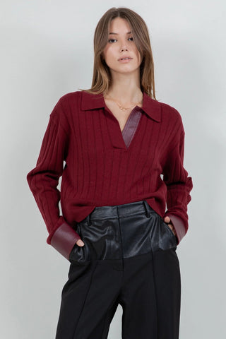 Contrast Knitted Long Sleeve Sweater in BurgundyTopChayse Clothing