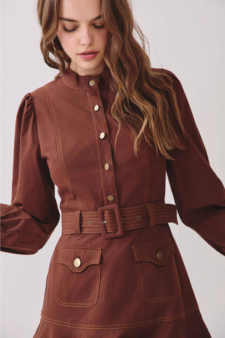 Contrast Stitch Belted Mock Neck Mini Dress in Chocolate BrownDressChayse Clothing
