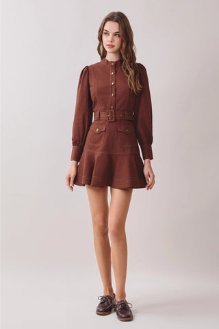 Contrast Stitch Belted Mock Neck Mini Dress in Chocolate BrownDressChayse Clothing