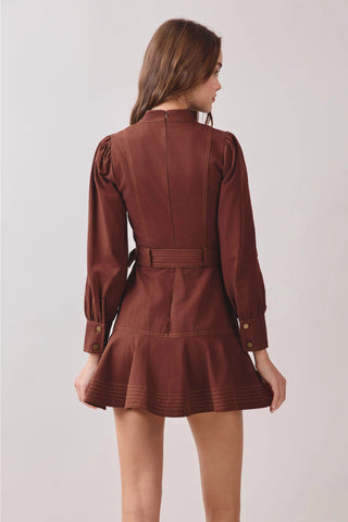 Contrast Stitch Belted Mock Neck Mini Dress in Chocolate BrownDressChayse Clothing