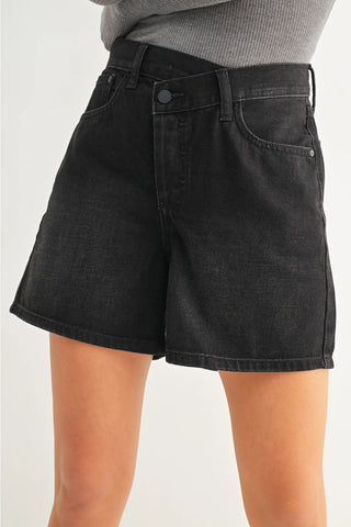 Criss - Cross Button Fly High - Waisted Black Denim ShortsClothingChayse Clothing