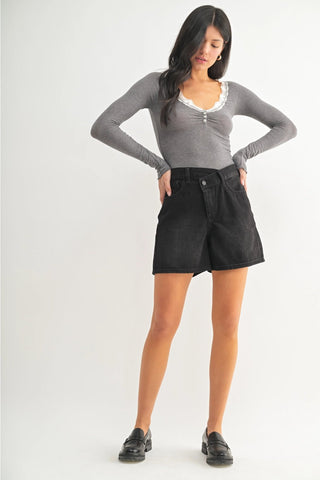 Criss - Cross Button Fly High - Waisted Black Denim ShortsClothingChayse Clothing