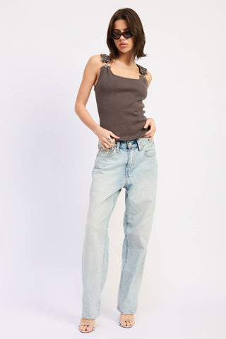 Racer Back Tank Top with Buckled Straps in Brown