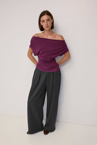 Off-Shoulder Ribbed Knit Top in Plum