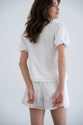 Eyelet - Embroidered V - Neck Puff Sleeve Flared Cotton TopClothingChayse Clothing