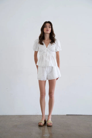 Eyelet - Embroidered V - Neck Puff Sleeve Flared Cotton TopClothingChayse Clothing