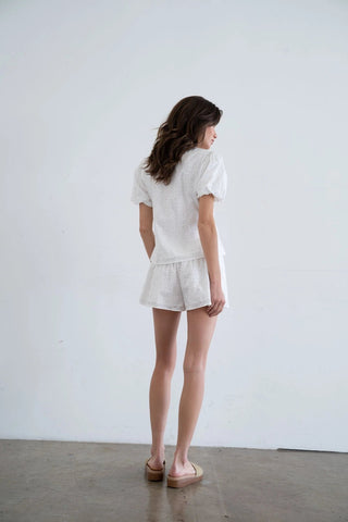 Eyelet - Embroidered V - Neck Puff Sleeve Flared Cotton TopClothingChayse Clothing