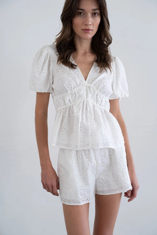 Eyelet - Embroidered V - Neck Puff Sleeve Flared Cotton TopClothingChayse Clothing