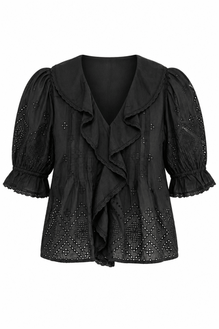 Eyelet Ruffle Pintuck Blouse in BlackTopChayse Clothing
