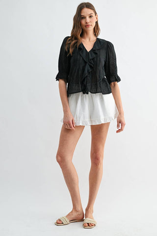 Eyelet Ruffle Pintuck Blouse in BlackTopChayse Clothing