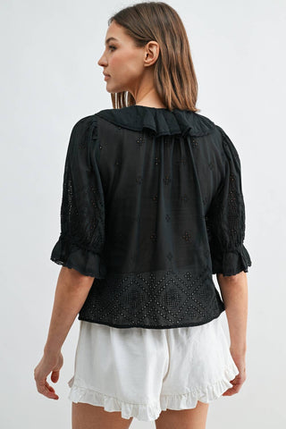 Eyelet Ruffle Pintuck Blouse in BlackTopChayse Clothing