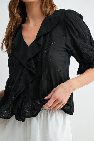 Eyelet Ruffle Pintuck Blouse in BlackTopChayse Clothing