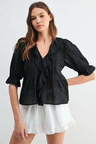 Eyelet Ruffle Pintuck Blouse in BlackTopChayse Clothing