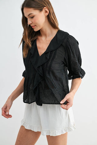 Eyelet Ruffle Pintuck Blouse in BlackTopChayse Clothing