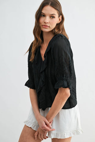 Eyelet Ruffle Pintuck Blouse in BlackTopChayse Clothing