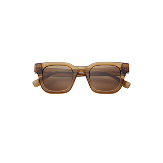 A pair of square-frame sunglasses with translucent amber-brown acetate frames and matching brown tinted lenses, shown against a plain white background.