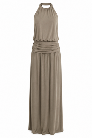 A sleeveless halter-neck maxi dress in a muted taupe-brown color, featuring a ruched gathered waist, shown against a plain white background.