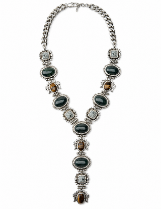 A silver-tone statement necklace featuring oval dark green stones, rectangular brown tiger's eye stones, and clear crystal-like accents, displayed on a solid white background.