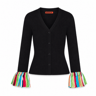 A black ribbed cardigan sweater with a V-neck, button-front closure, and colorful striped tassel fringe at the cuffs, shown on a plain white background.