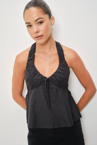 Checked Cotton Ruched Halter Top in Black