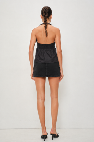 Checked Cotton Ruched Halter Top in Black