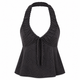 Checked Cotton Ruched Halter Top in Black