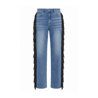 Fringe-Trimmed High-Waist Denim Jeans