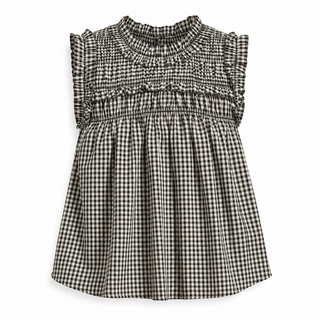 A sleeveless black and white gingham dress with a smocked bodice and ruffled neckline, shown flat against a white background.
