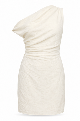 An off-white, crinkled one-shoulder mini dress with a ruched bodice, shown on a plain white background.