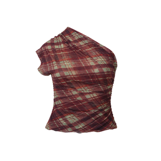 A one-shoulder ruched top with a red and beige plaid pattern, shown against a plain white background.
