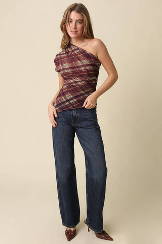 Janie Plaid One-Shoulder Mesh Top