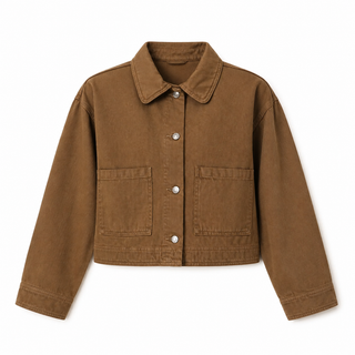 A brown cropped utility jacket with a pointed collar, silver-tone snap buttons, and two front patch pockets, shown on a plain white background.