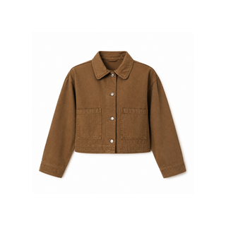 A cropped brown corduroy jacket with a pointed collar, button-up front, and two front flap pockets, shown flat on a white background.
