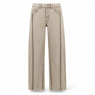 A pair of straight-leg jeans in a light beige or sand wash, shown flat against a plain white background.
