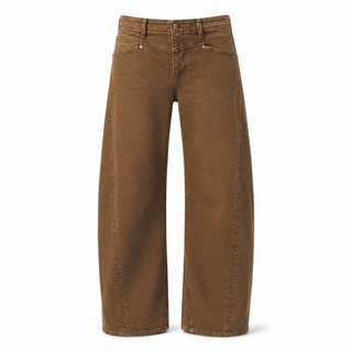 A pair of brown wide-leg jeans shown flat against a plain white background.