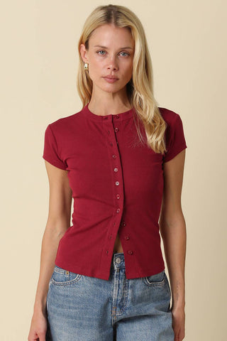 Leslie Sculpt Button-Front Knit Top in Red
