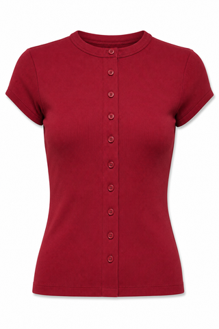 A short-sleeve ribbed knit top in a deep red or burgundy color, featuring a button-down front with matching buttons, displayed on a clean white background.