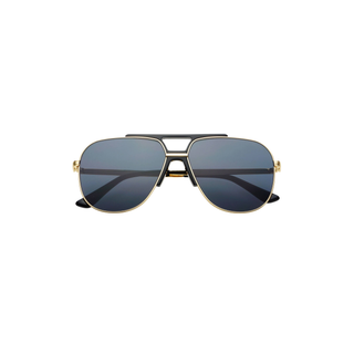 A pair of aviator-style sunglasses with a gold-tone double bridge and dark gray lenses, shown against a plain white background.